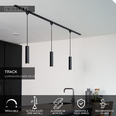 Lucide TRACK FLORIS Lámpara colgante - Sistema de carril monofásico / Iluminación con rieles - 1xGU10 - Negro (Extensión)